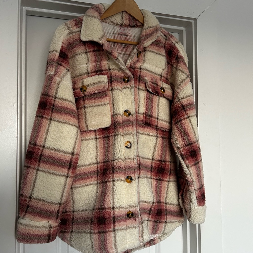 Plaid Sherpa Jacket in Cream and Pink